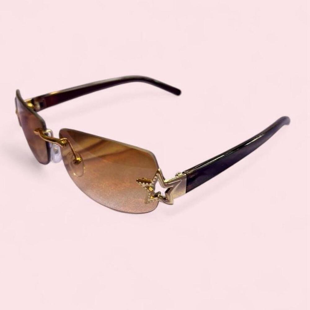 Vintage-inspired rimless star sunglasses with brown Cyber y2k mobling glam rave